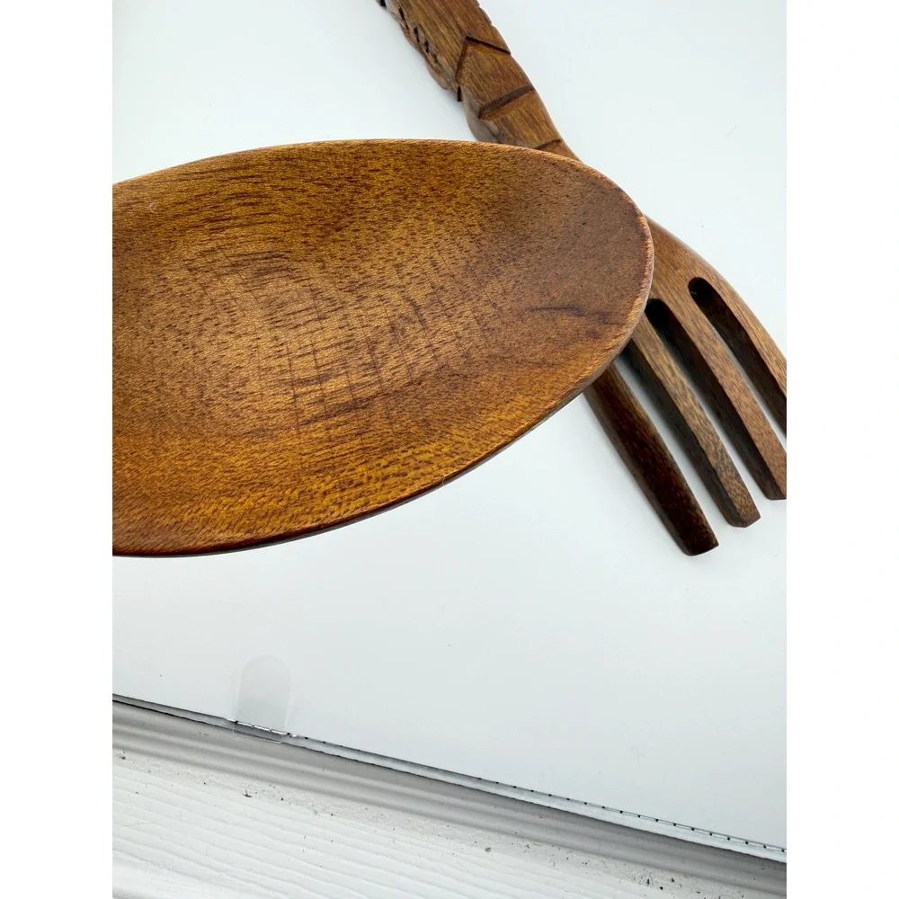 Vintage Hand Carved Wooden Tiki Salad Servers 12 Inch Wood Fork Spoon Set MCM